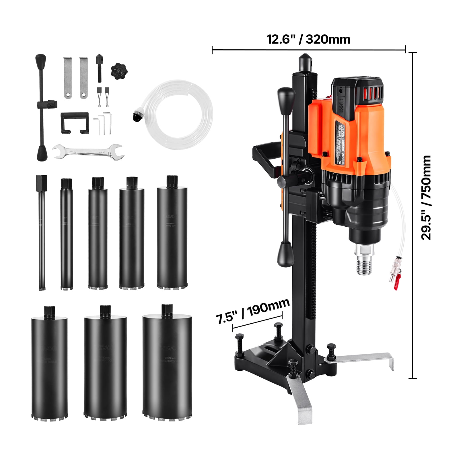 VEVOR Diamond Core Drilling Machine, 0.8-8 in Drilling Diameter, Stand-Mount Dry and Wet Concrete Core Drill Rig with 8 Drill Bits, 800 RPM Speed, UNC1 1/4-7 Thread, for Concrete Brick Stone, 3000W