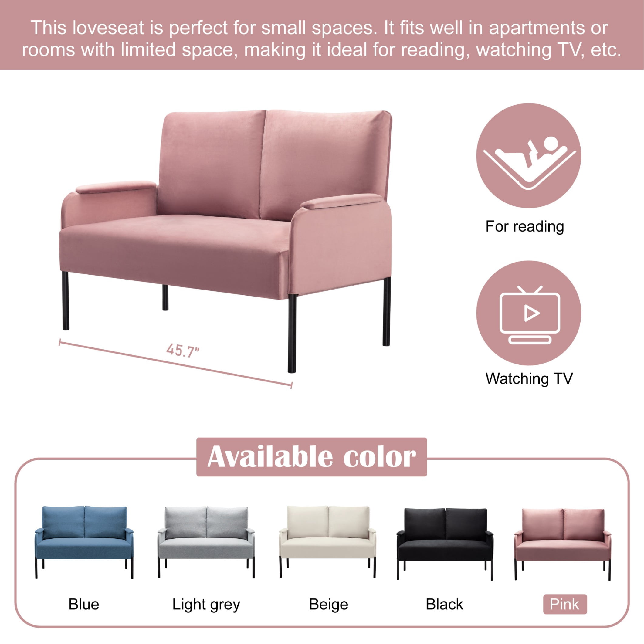 BSHTI 45.7" Metal Frame Loveseat Couch – Solid Wood & Iron Combination, High-Density Foam Seat, Removable Washable Back Cushion, for Small Spaces, Apartments，Pink