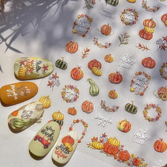 Pumpkin Nail Stickers Fall 3D Self-Adhesive Garland Nail Art Stickers Flower Nail Decals 5D Embossed Green Pumpkin Nails Designs Thanksgiving Nail Sticker for Women Manicure 1 Sheet