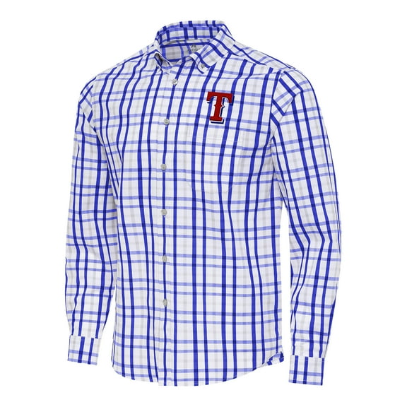 Men's Antigua Royal/White Texas Rangers Tending Woven Tri-Blend Long Sleeve Button-Down Shirt