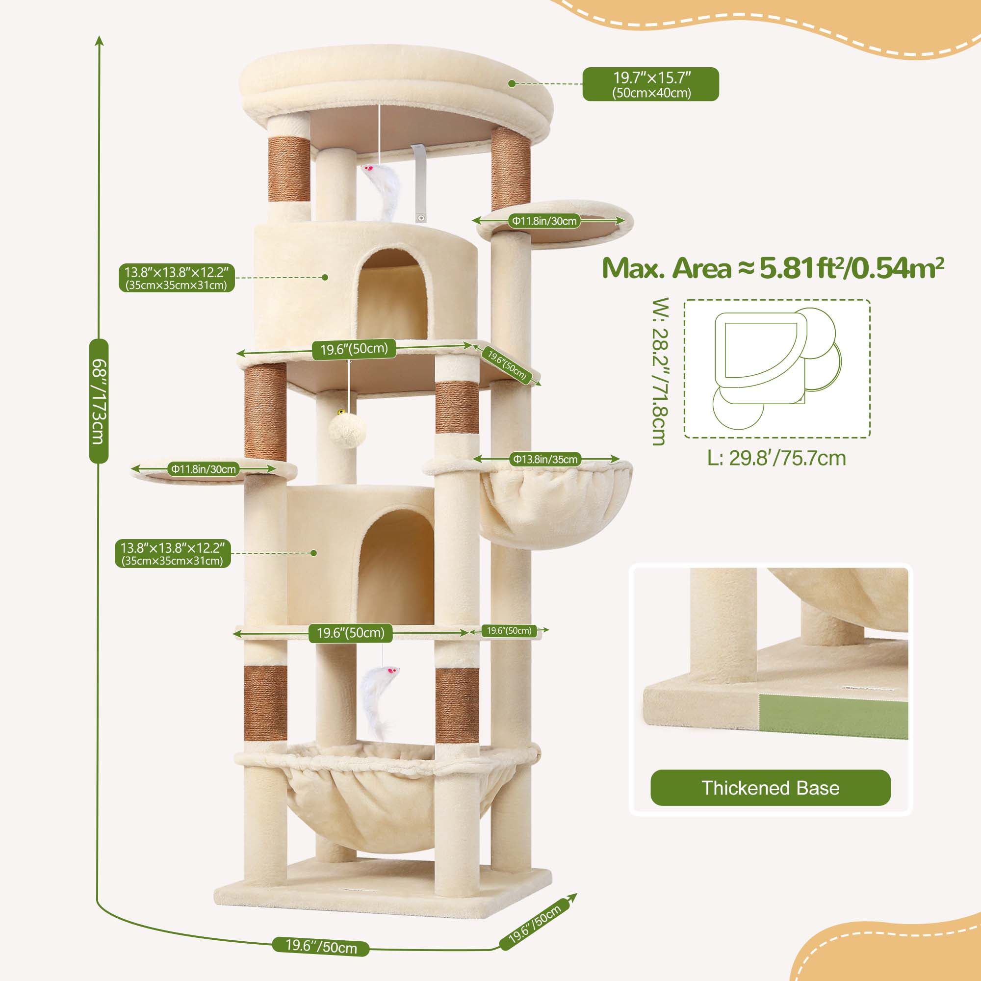 Globlazer 68" Large Corner Cat Tree Tower Condo for Cats with 6 Sisal Scratching Posts, 2 Condos, Hammock & Hanging Basket, Beige