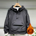 thumbnail image 3 of Chaqueta con capucha de primavera para hombre, jersey con bolsillo grande y cremallera, chaqueta holgada impermeable con forro polar, chaqueta de moda, longitud de Material fino, 3 of 5