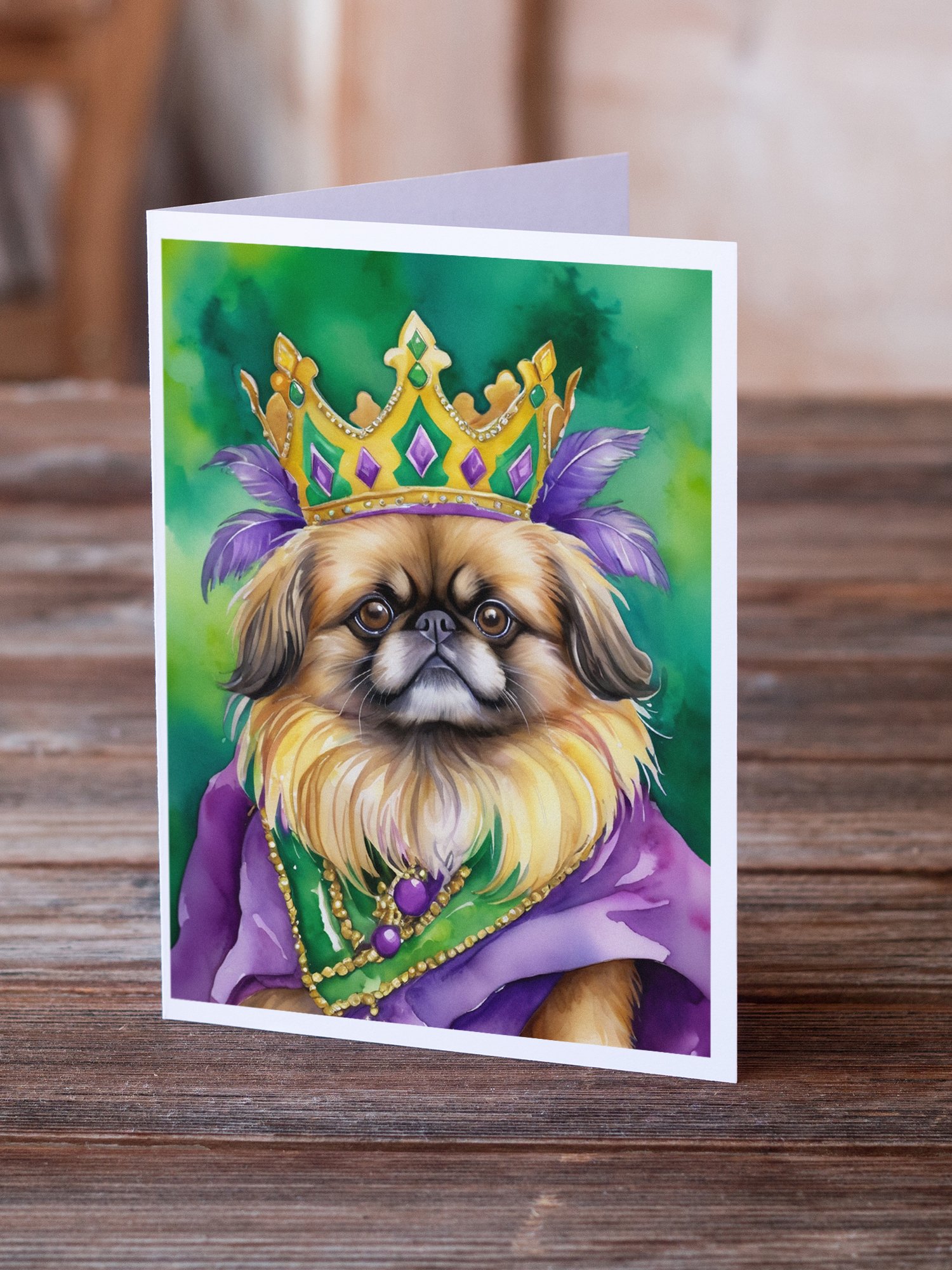 Pekingese King of Mardi Gras Greeting Cards Pack of 8 7 in x 5 in