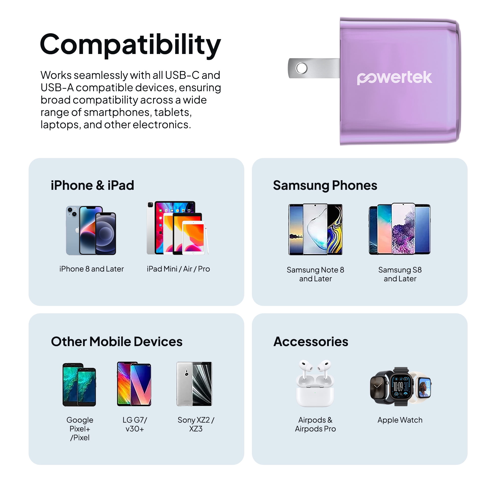 Powertek Luxe 20W USB-C + 18W USB-A Fast Charging Dual Port Block, Purple, Compatible with iPhone, Android, Tablets & USB Devices, Compact Travel Adapter