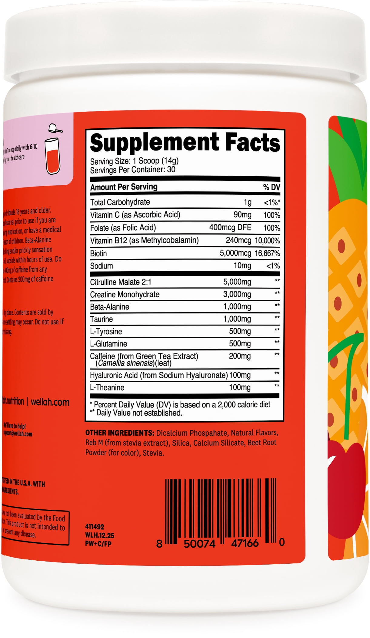 Wellah Pre-Workout + Creatine Powder (30 Servings) Fruit Punch - 200mg Caffeine, 3g Creatine Monohydrate, 5g Citrulline Malate, Pre-Workout with Creatine Supplement