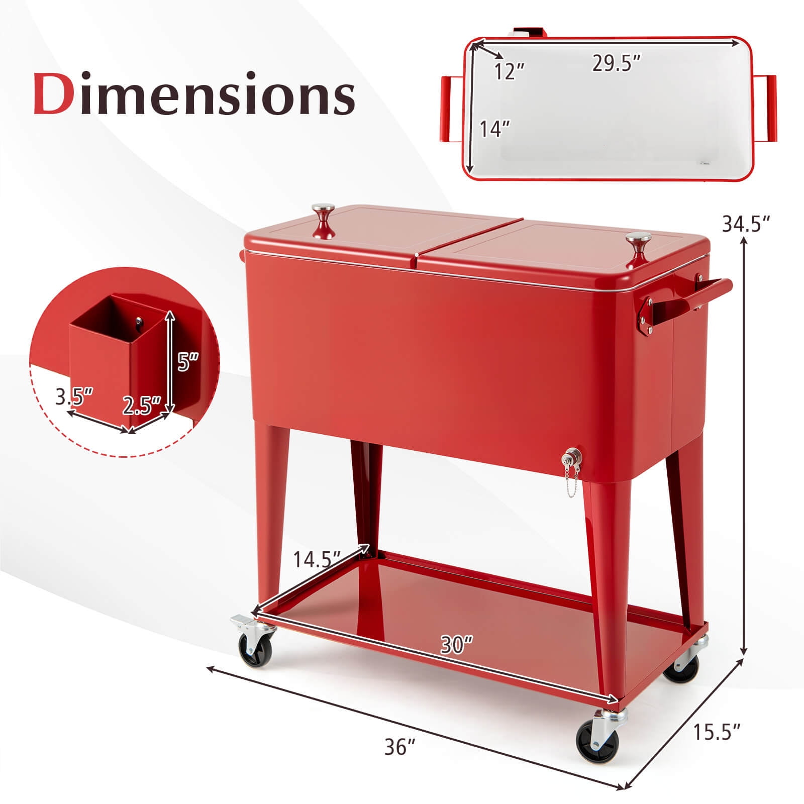 Costway 80-quart Cooler Beer Cart Outdoor Entertaining Rolling Party Steel Bar Bistro