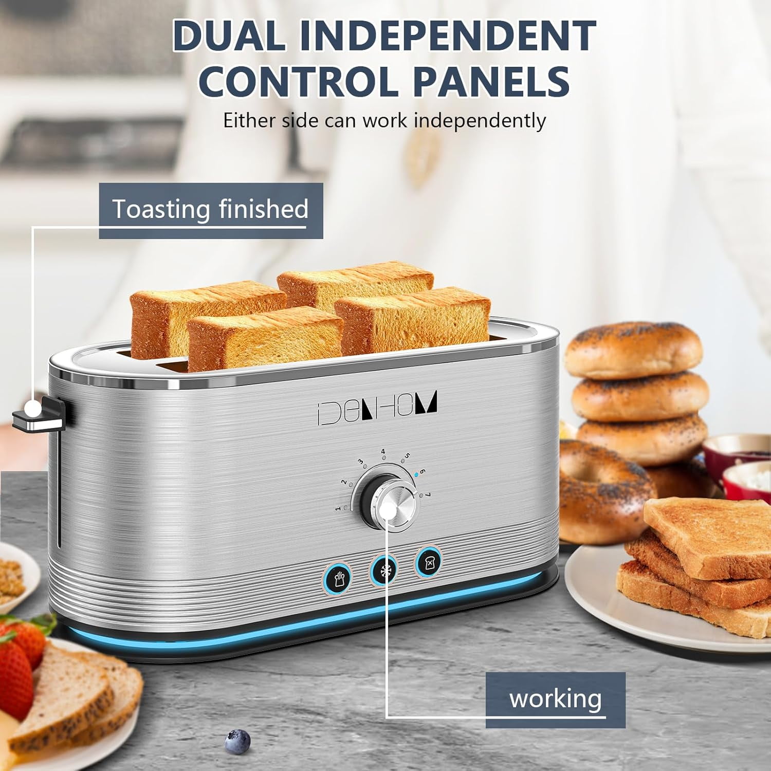 PlumChef 4-Slice Toaster, 7 Browning Settings, Defrost/Reheat Functions, Removable Crumb Tray, Full body Stainless Steel Housing 1350W ，Anti-Fingerprint & Anti-Jam(stainless steel)