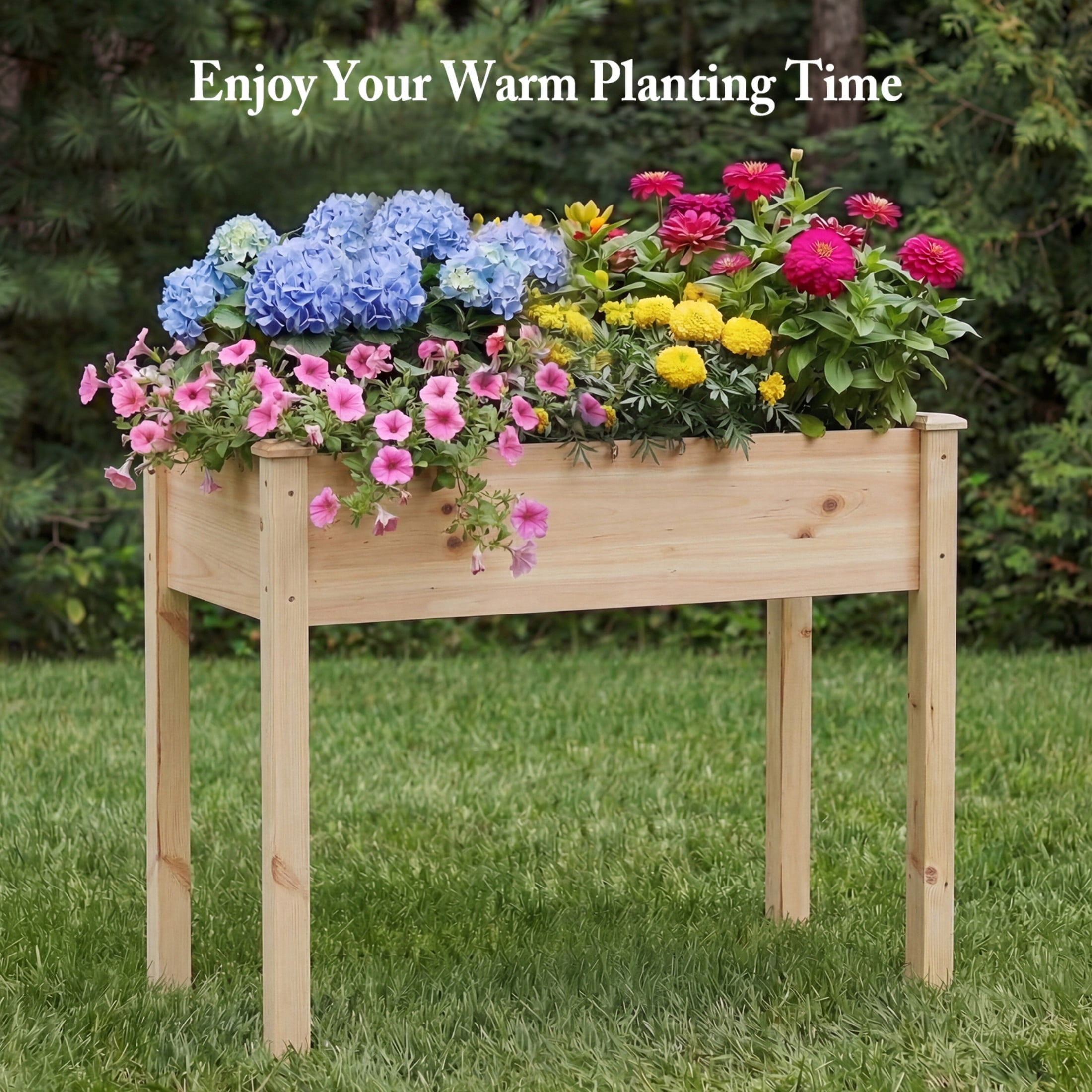 SHOUFTW Elevated Wooden Planter Box-48"x24"x30" Raised Garden Bed with Built-in Drainage & Protective Liner for Backyard, Patio & Balcony, Wooden Color