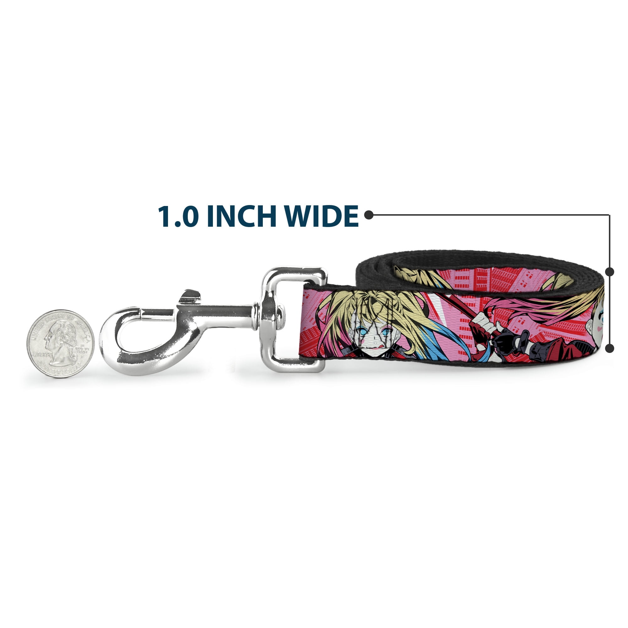 DC Comics Pet Leash, Dog Leash, Harley Quinn Puddin Poses Anime Graphics Pink Red, 6 Feet Long 1.0 Inch Wide