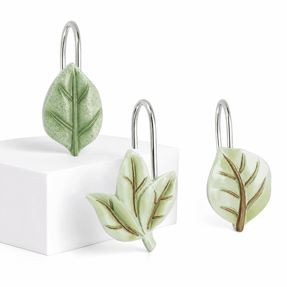 12 PCS Sage Green Eucalyptus Leaf Shower Curtain Hooks, Rustproof Metal Decorative Shower Curtain Rings, Smooth Sliding Replacement Hooks for Bathroom Decor