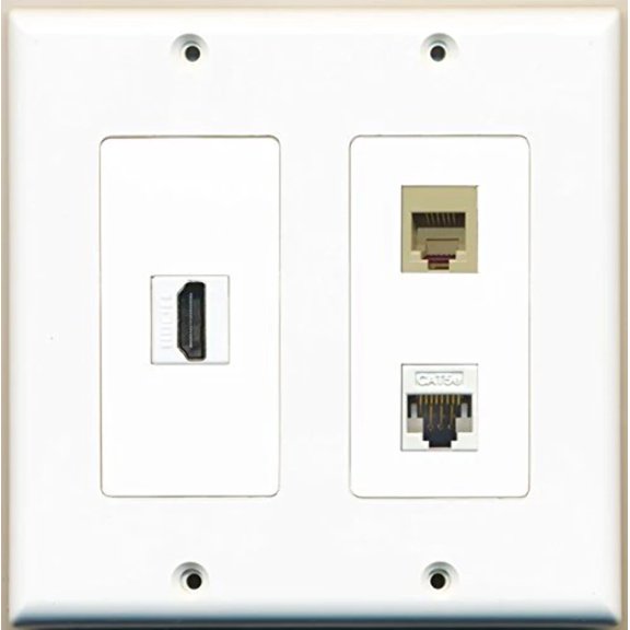 RiteAV - 1 Port HDMI 1 Port Phone RJ11 RJ12 Beige 1 Port Cat5e Ethernet White - 2 Gang Wall Plate