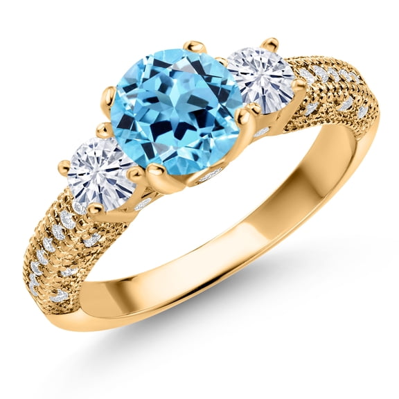 Gem Stone King 18K Yellow Gold Plated Silver Swiss Blue Topaz and White Moissanite Engagement Ring for Women (2.19 Cttw, Gemstone November Birthstone, Round 7MM and 4MM, Size 8)