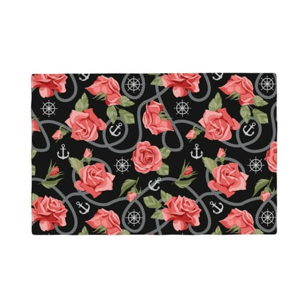 

Placemats Set of 4 trendy red roses anchor black Heat Resistant Non - Slip Place mats Waterproof table mat for Kitchen Dining-4片装