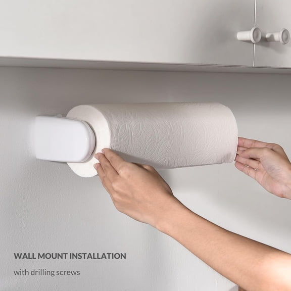 White Under-Cabinet/Wall-Mounted Paper Towel Holder - One-Hand Operation Tension Arm, Fits 9.4-11" Rolls for Home Cooks