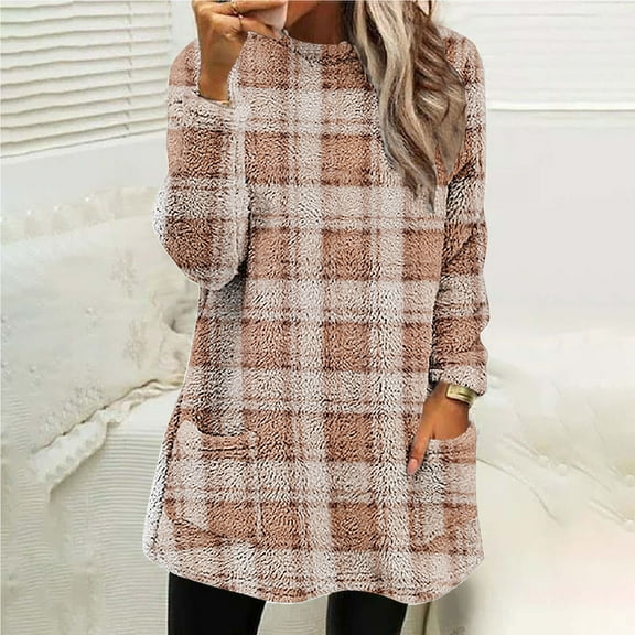 UQJfacai Womens Comfort Cozy Sweaters Plaid Sherpa Fleece Crewneck Long Pullover Fall Winter Warm Casual Long Sleeve Tops with Pockets