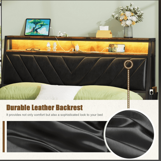 YDSM Queen size Platform Bed Frame with 105-Degree Tilted Upholstered Headboard, Charging Station, LED Lights, Noiseless, Black and Brown