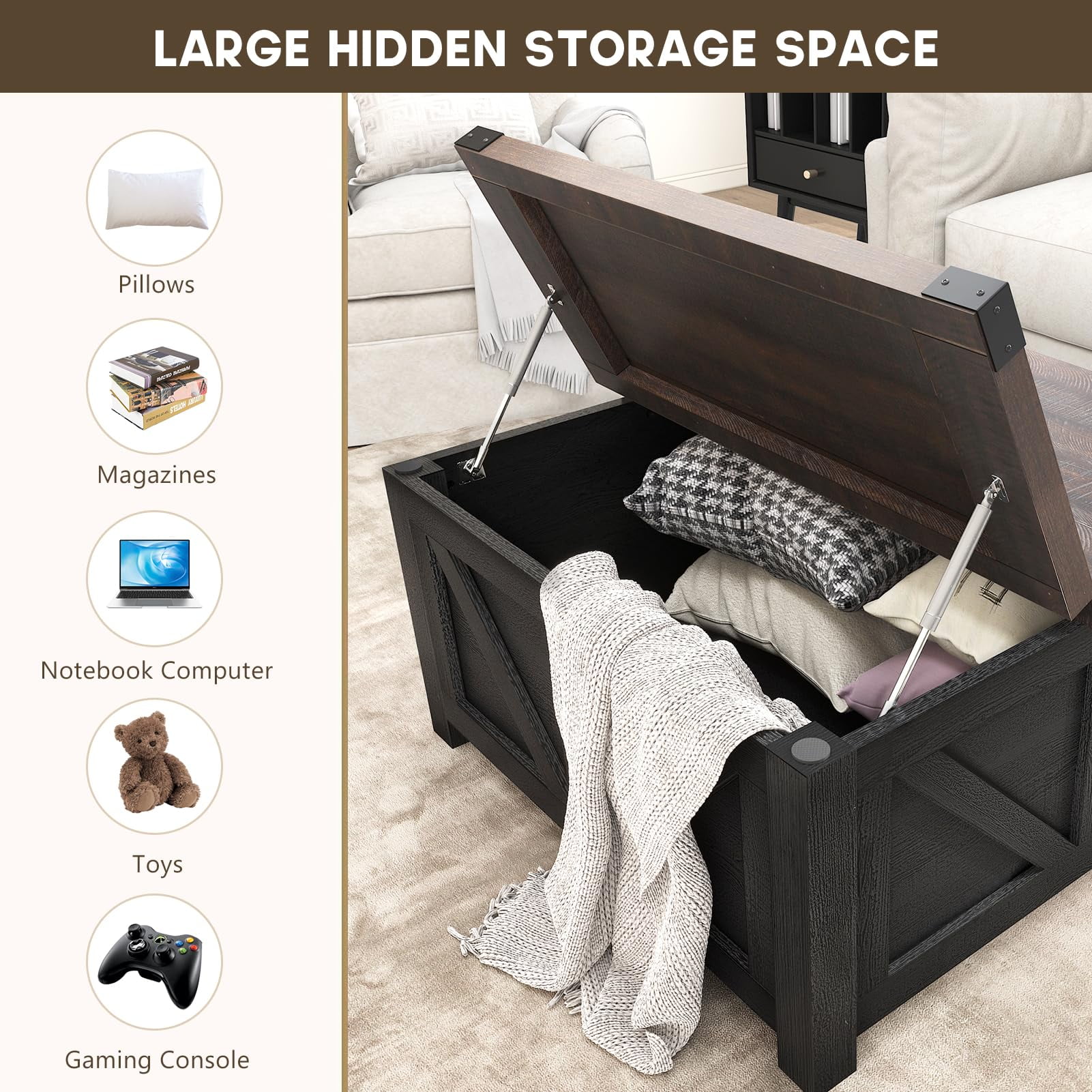 ChVans 35.6" Square Lift Top Coffee Table, Farmhouse Coffee Table with Storage & Charging Ports, Wood Center Table w/Large Hidden Space for Living Room Home Office
