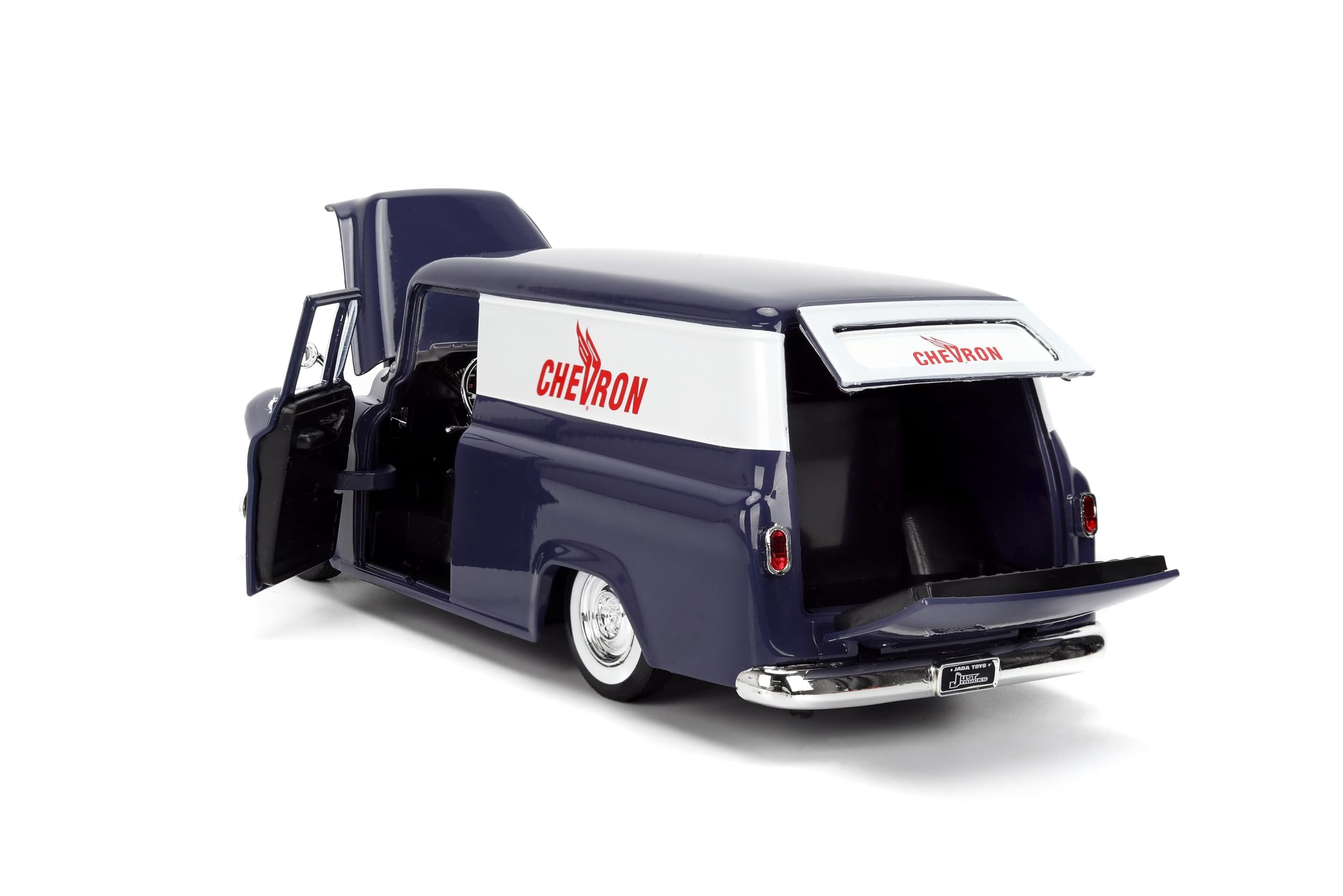 Jada 35044 1957 Chevrolet Suburban Chevron Dark Blue with White Stripes & Chevron Gas Pump Just Trucks Series 1-24 Scale Diecast Model Car