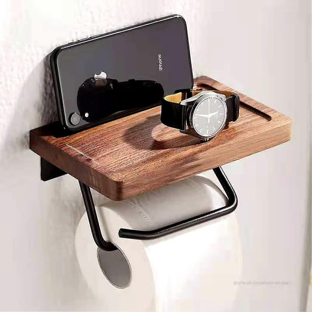 Toilet Paper Holder With Black Walnut Shelf For Bathroom,wall Mounted Toilet Paper Tissue Holder