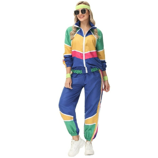 80s HipHop Costumes Outfits Retro Tracksuit Patchwork Zip Up Long Sleeve Coat and Pants