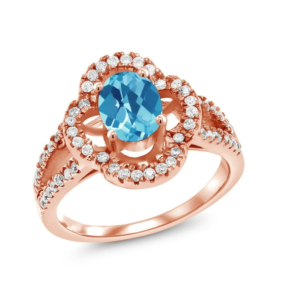 Gem Stone King 1.67 Ct Oval Checkerboard Swiss Blue Topaz 18K Rose Gold Plated Silver Spotlight Ring (Size 8)