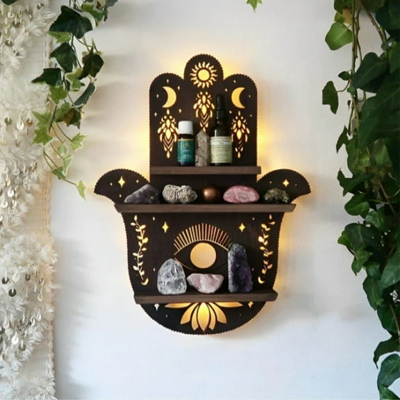 Coffee Colored Gothic Hand-Shaped Crystal Rack - Wall Mounted Wooden Shelf for Christmas Decor, Vintage Home & Bedroom Display