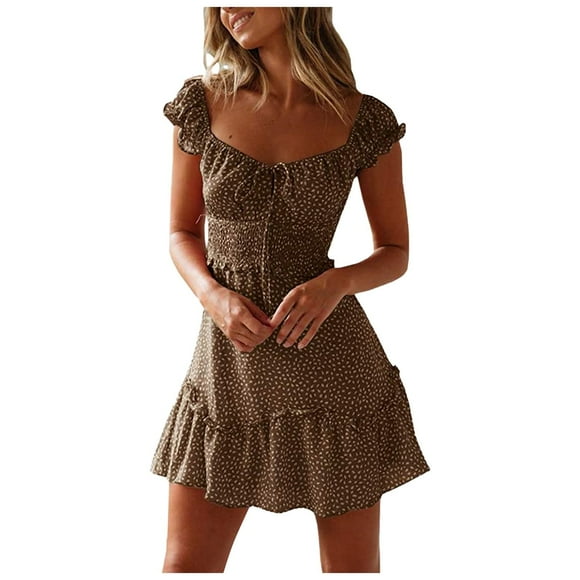 Women'S Sexy Summer Pleated Sleeve Neckline Print Dress Mini Dress Sundress Women'S Casual Dress M