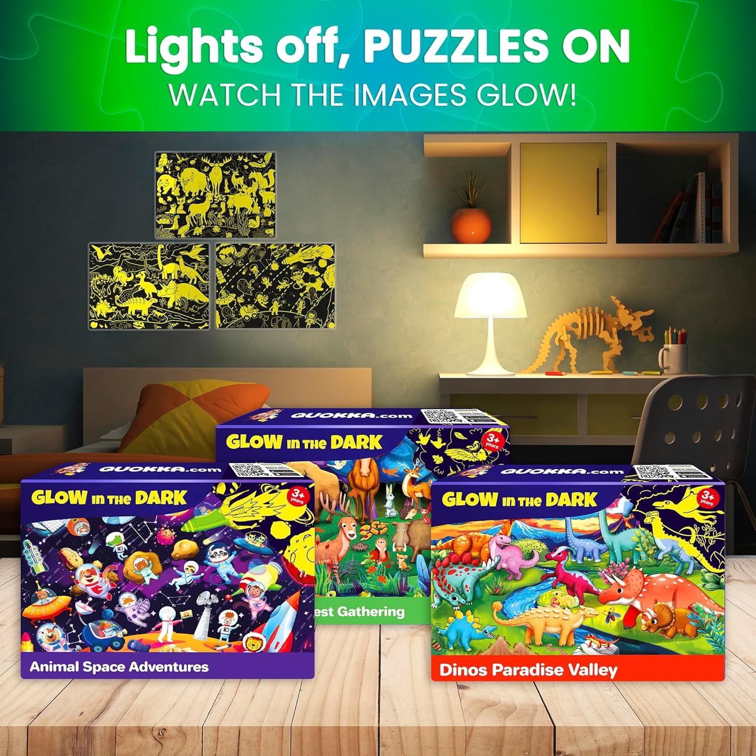 QUOKKA 4x100 Piece Puzzles for Kids Ages 6-8 – Glow-in-The-Dark Puzzles Space, Dinosaurs, Animals – Fun Educational Puzzle for Boys & Girls