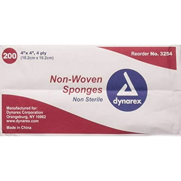 Dynarex Non-Woven Sponges 4"x 4" 200 Ct | 4 Ply Non-Sterile Gauze Sponges for Cleansing, Prepping and Dressing | Highly-Absorbent and with Less Linting | Gauze Drain Sponges | Gauze Pads for Wounds