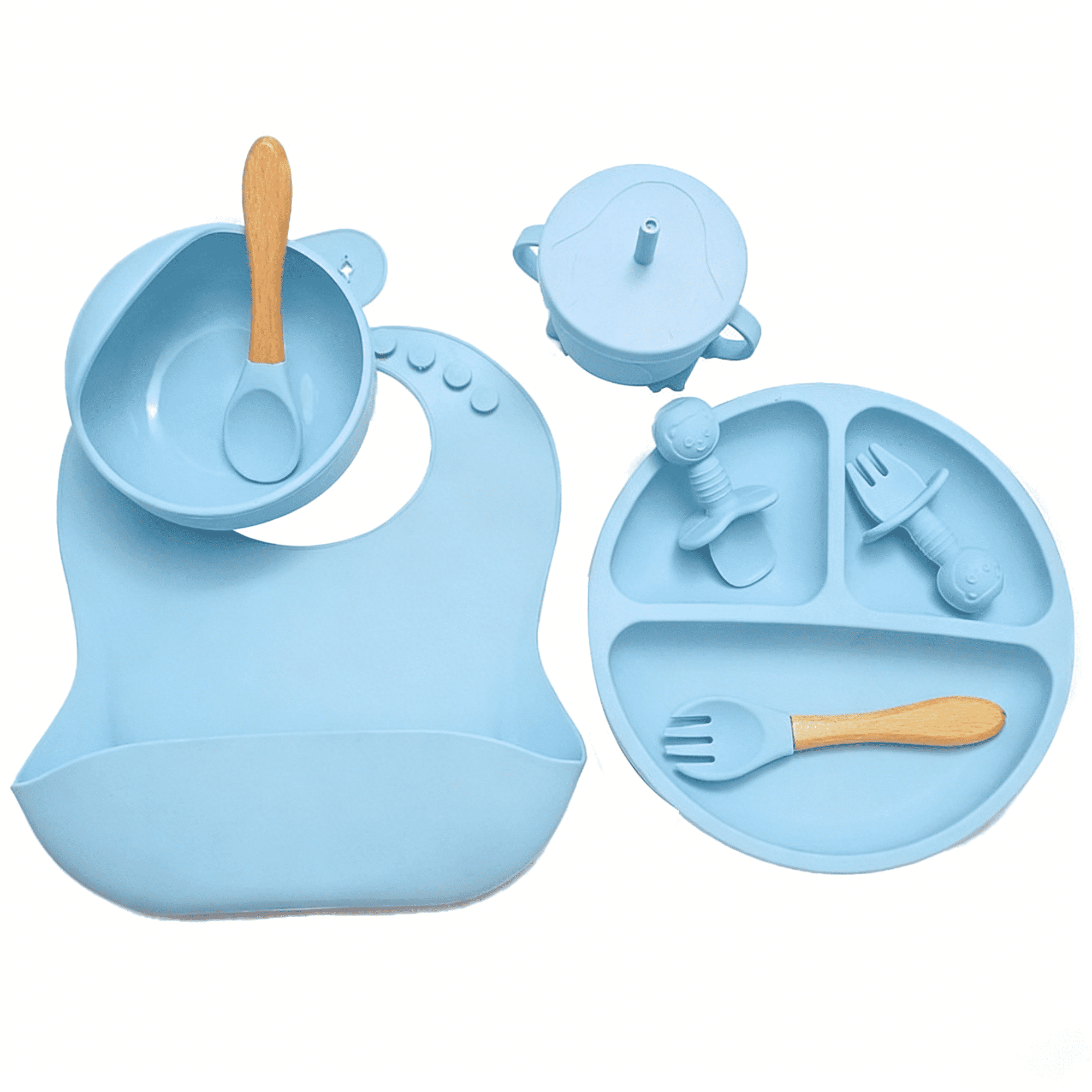 SUSWIM Baby Led Weaning Supplies, 8 Piece BPA-Free Silicone Feeding Set, Silicone Suction Bowl, Forks & Spoons, Bib& Cup, Develops Self Feeding Skills, Dishwasher Safe, for 6+ Months (Blue)