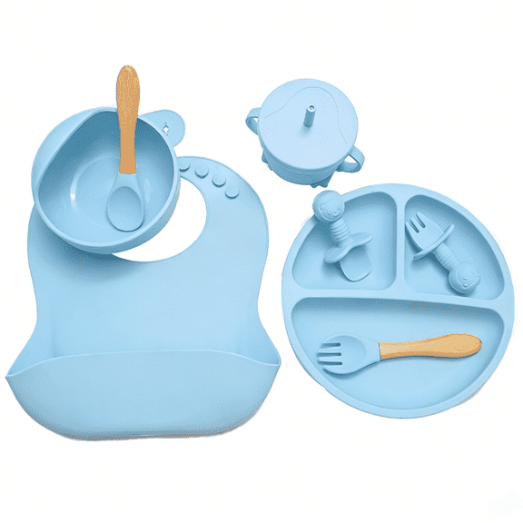 SUSWIM Baby Led Weaning Supplies, 8 Piece BPA-Free Silicone Feeding Set, Silicone Suction Bowl, Forks & Spoons, Bib& Cup, Develops Self Feeding Skills, Dishwasher Safe, for 6 Months (Blue)