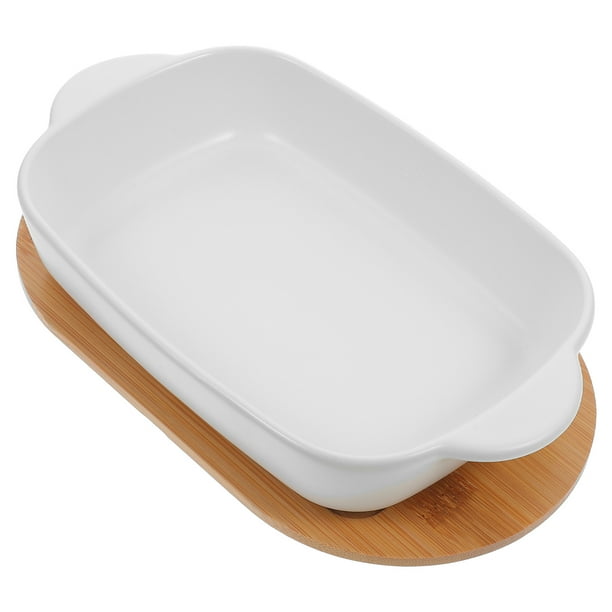 Bandeja de cerámica para hornear rectangular, plato pequeño de porcelana con base de madera