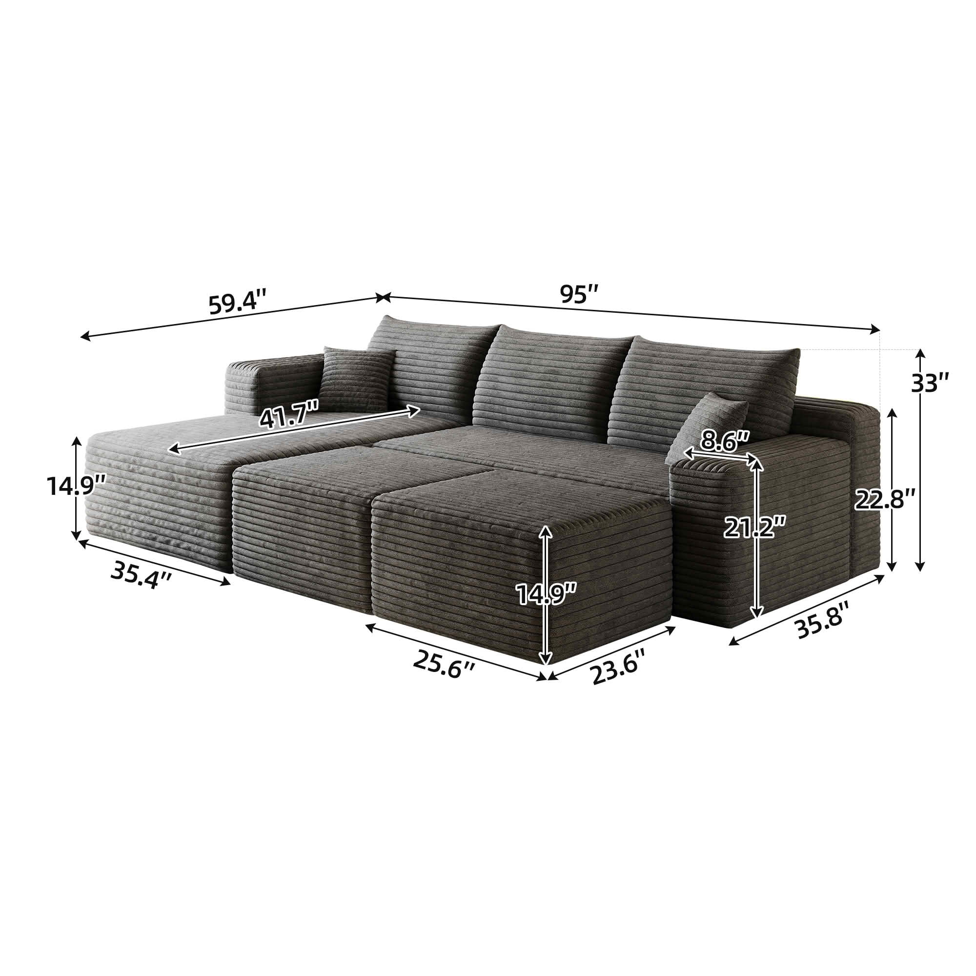 MAYEERTY 95" Corduroy U-Shaped Sectional Sofa with 2 Ottomans, Deep Seat Cloud Couch, No Assembly Leisure Sofa for Home