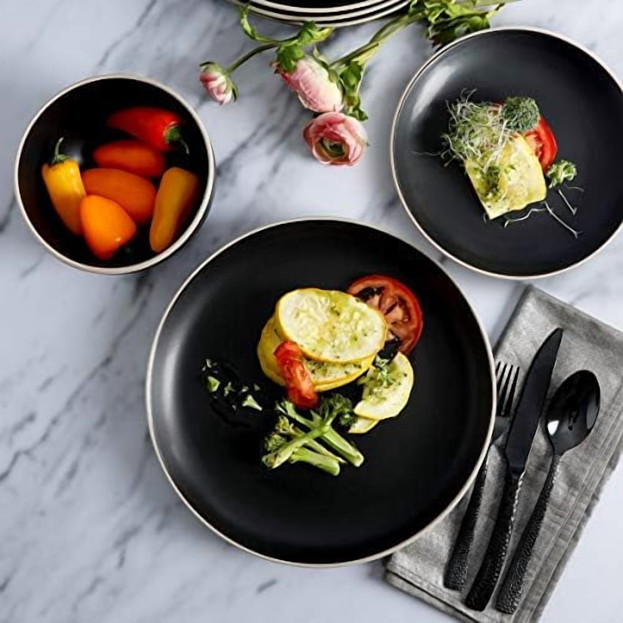 Rockaway 12-Piece Stoneware Dinnerware Set, Service for 4 – Modern Round Plates and Bowls, Dishwasher & Microwave Safe, Black