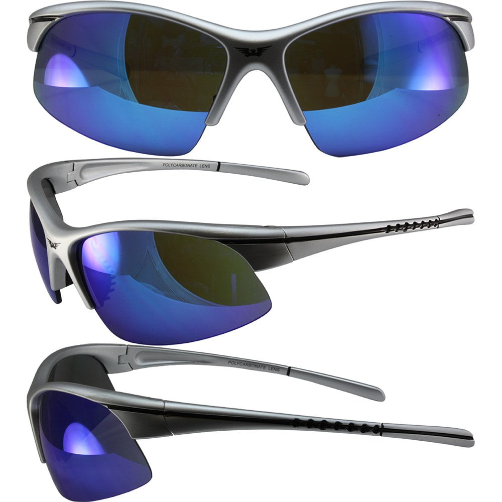 Global Vision Target Sunglasses Matte Silver Frames GTech Blue Mirror