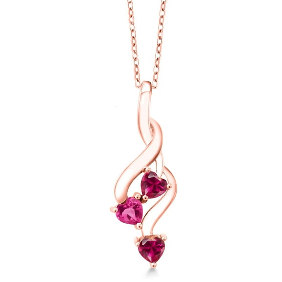 Gem Stone King 18K Rose Gold Plated Silver Red Created Ruby and Pink Created Sapphire Pendant Necklace for Women (1.10 Cttw, Gemstone July Birthstone, Heart Shape 4MM, with 18 inch Silver Chain)