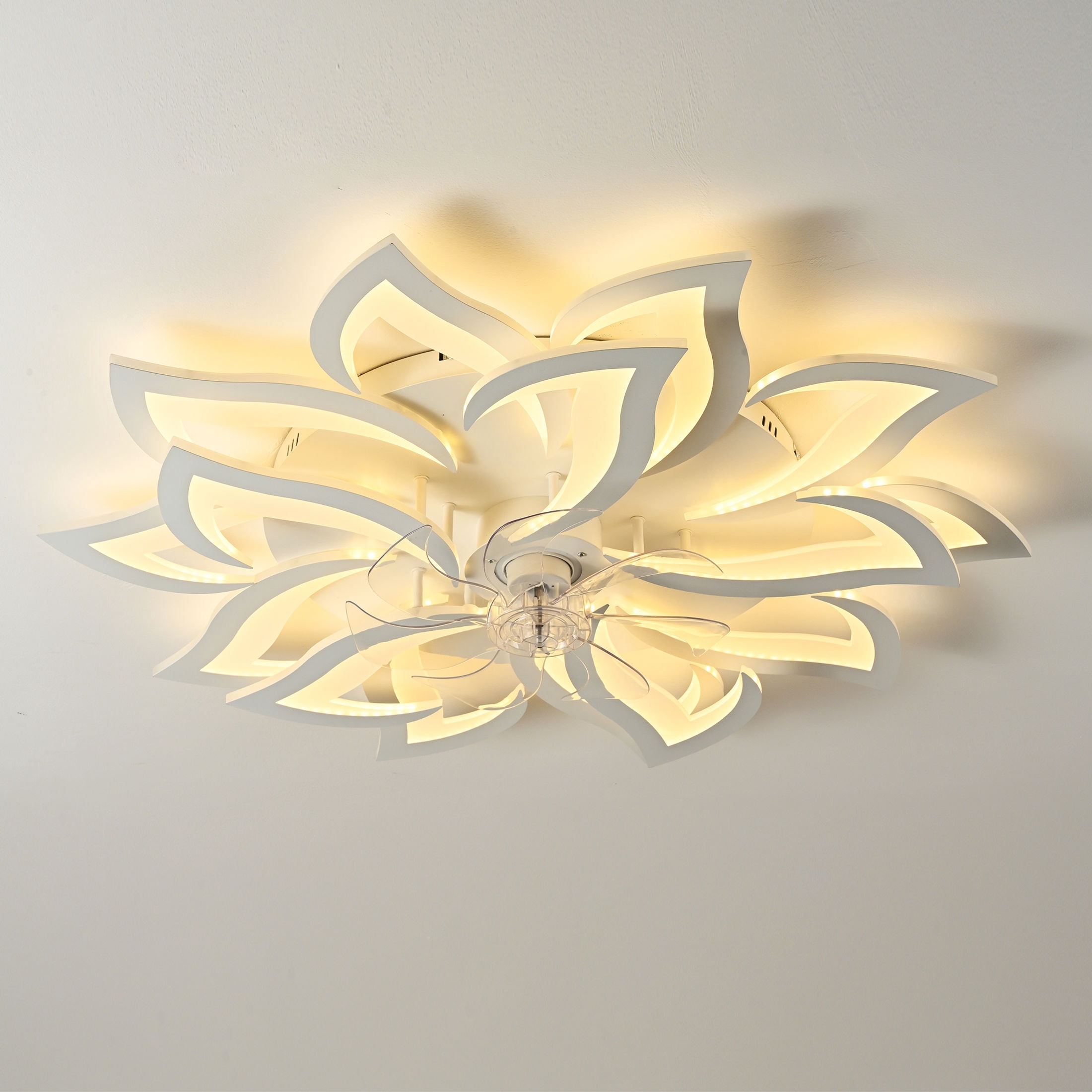 GDF Studio 15-Head Flower Modern Ceiling Fan with LED Lights & Remote Control, Low Profile Flush Mount Fandelier, White