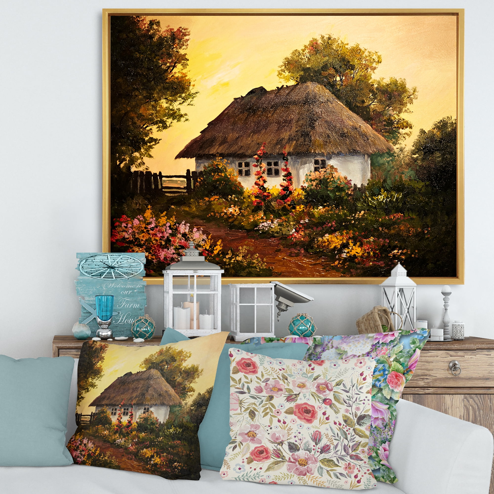 Traditional Cottage At Sunset In Autumn Flowers 32 in x 16 in Framed Painting Canvas Art Print, by Designart