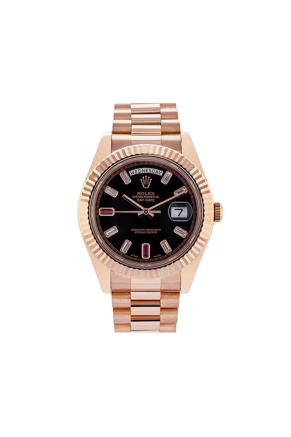 Pre-Owned Rolex Day-Date II 41MM 218235 Black Baguette Diamond Dial Fluted Bezel 18K Rose Gold President Bracelet