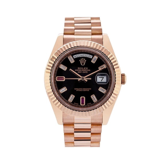 Pre-Owned Rolex Day-Date II 41MM 218235 Black Baguette Diamond Dial Fluted Bezel 18K Rose Gold President Bracelet
