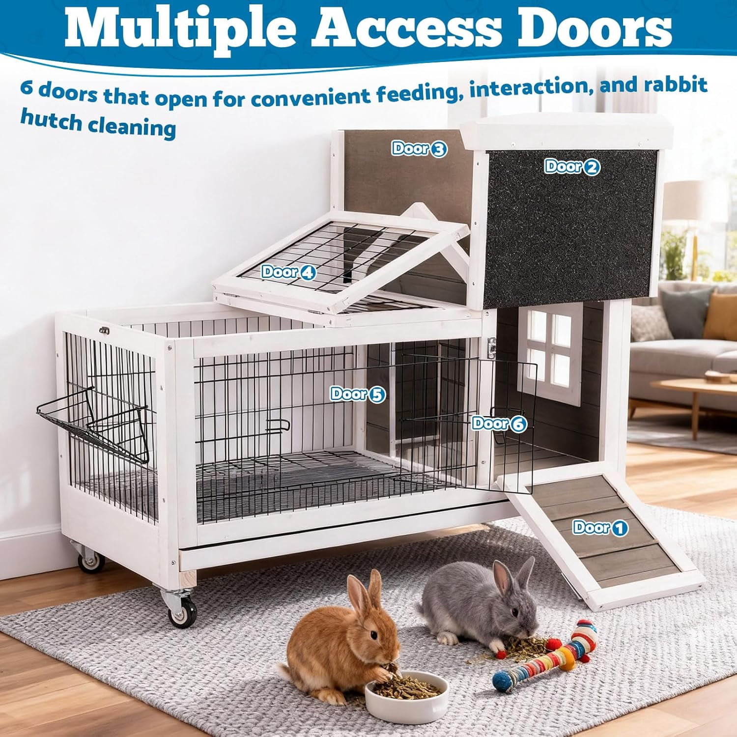 Rabbit Hutch Wooden Bunny Cage Rabbit Cage Outdoor Indoor Bunny Hutch Rabbit House on Wheels Small Animal Cage with 3 Urine Baffles