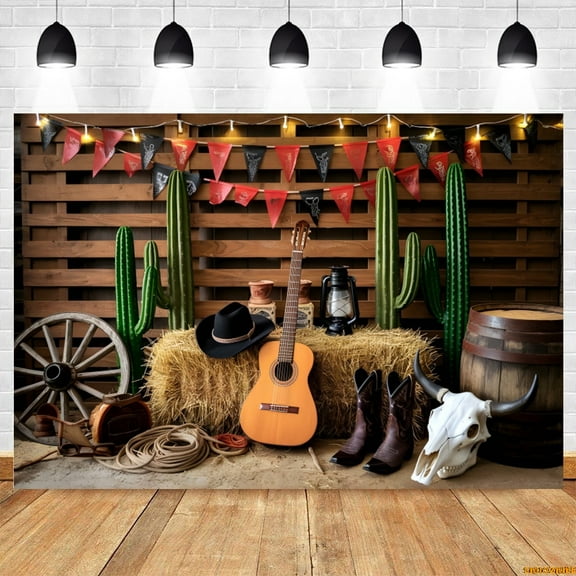 Western Party Photography Backdrop Cactus Haystack Guitar Boots West Cowboy Birthday Party Photo Background r Photostudio