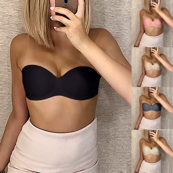 WHEANG Womens Strapless Bra Invisible Reusable Silicone Push Up Bras for Women Anti-Slip Backless Bra Plunge Lift Adhesive Bra for Wedding Dress Evening Gown 34 Pink
