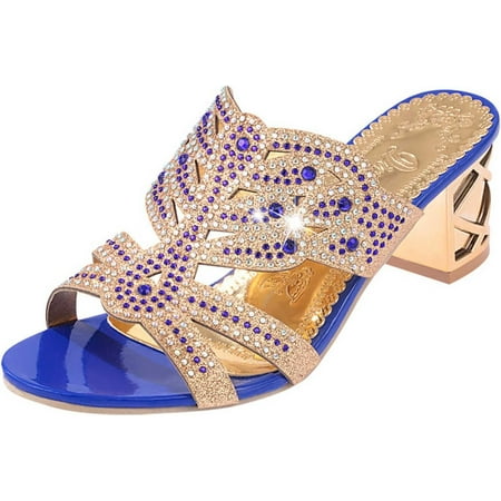 Plus Size Sandals for Women Mid Heel Buckle Sandals Ankle Strap Rhinestone Outdoor Sandals Shoes