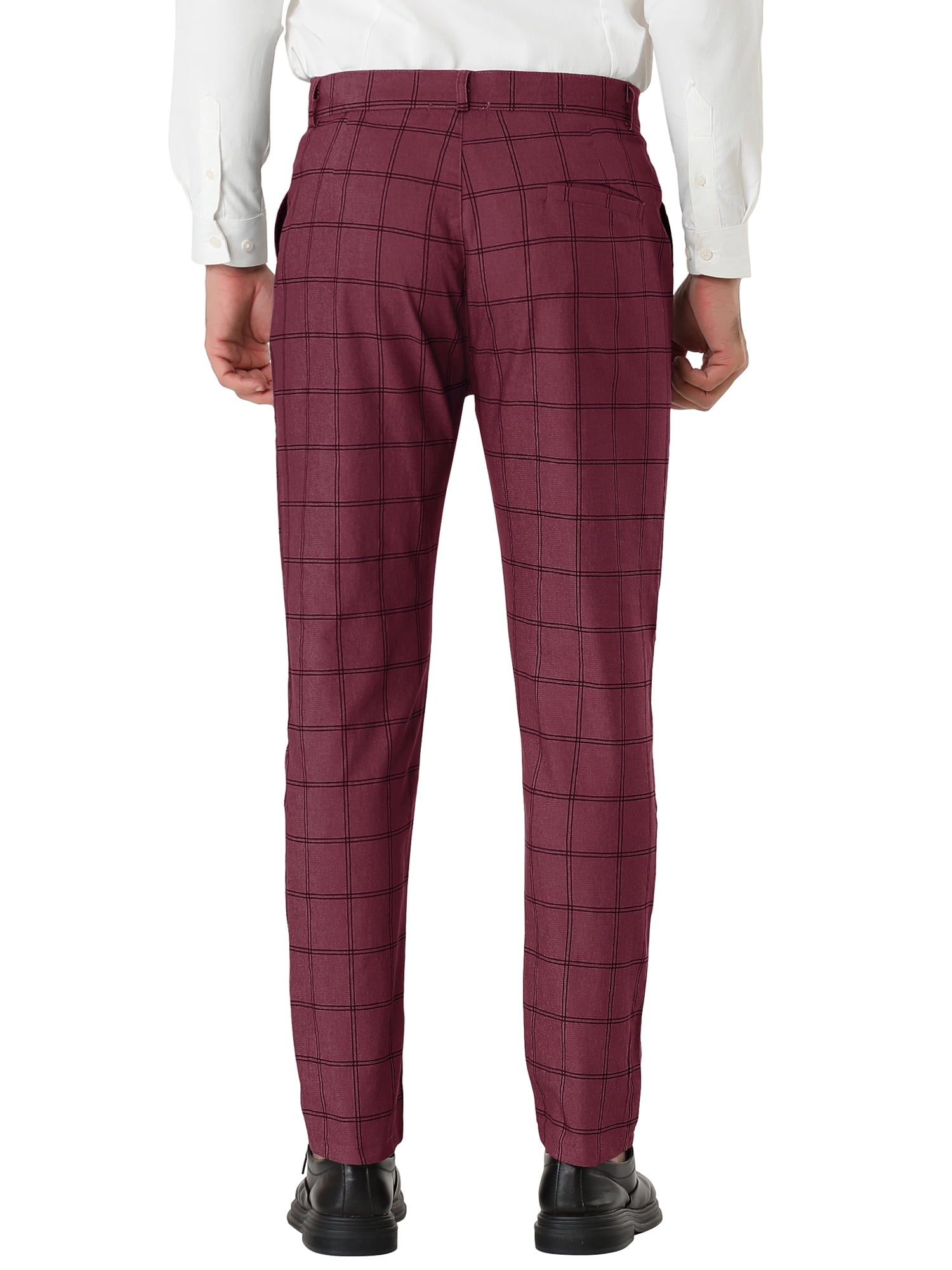 Unique Bargains Men's Slim Fit Plaid Business Pants Trousers with Pockets 32 Burgundy
