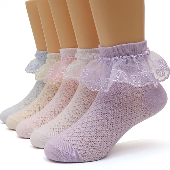 LYMAYTER 5 Pack Kids Girls Socks ‌Toddler Cute Double Cuff Dress Socks Ruffles Baby Girls Ankle Socks 1-13Y