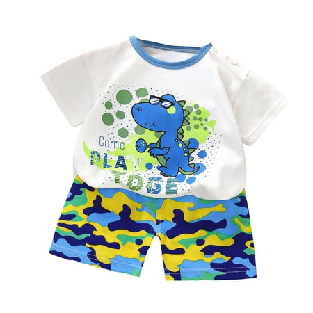 Landzoo Girls Outfit Set Cartoon Excavator Print Short Sleeve Crew Neck T-Shirt Set With Graphic Print Shorts Summer Cozy Soft Toddler Kids Girls Outfit Size 12-18 Months Dark Blue