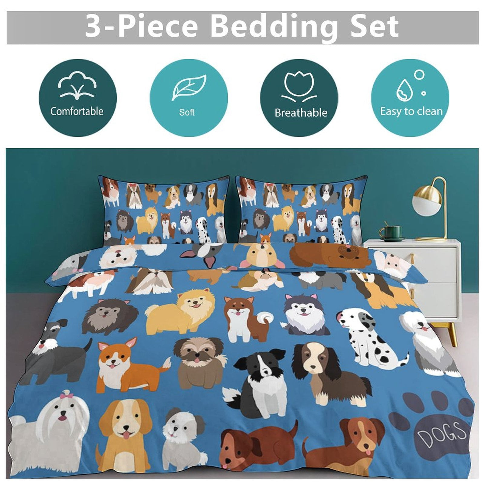 3 Pcs Soft Bedding Set, Includes 1 Duvet Cover with Zipper And 2 Pillow Shams,Animal Dog Cute Paw Print Twin(86"x70")