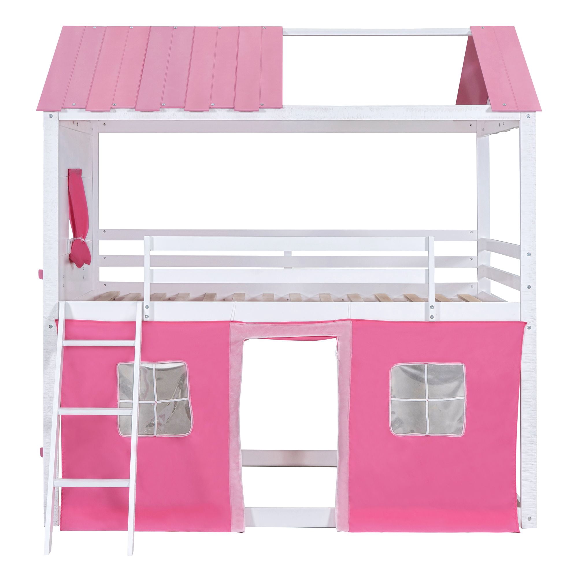 Aukfa Full over Full Bunk Bed with Tent and Roof, Wood Playhouse Bed for Kids, Pink