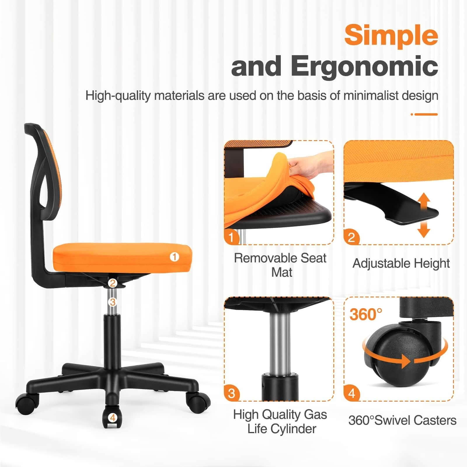 MAYEERTY Low-Back Mesh Armless Office Chair, 360° Swivel Rolling Computer Task Chair with Lumbar Support